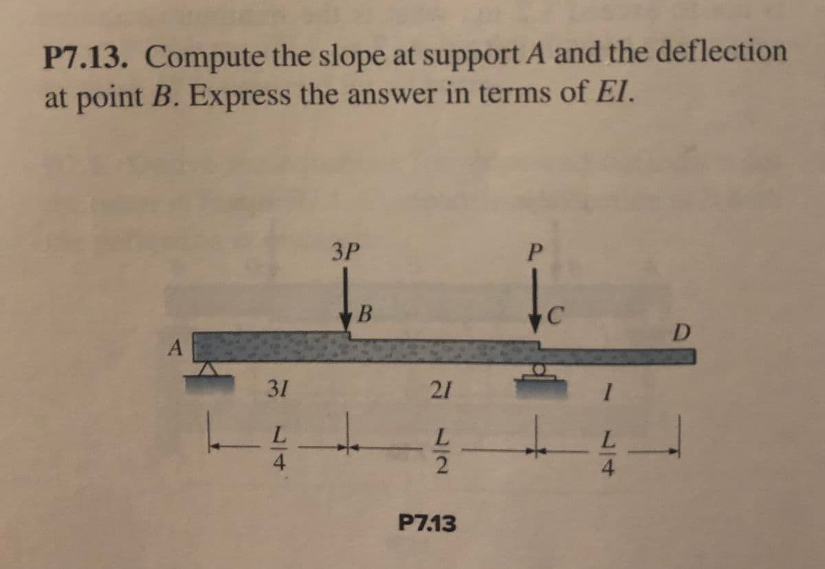 P7.13. Compute the slope at support A and the deflection
at point B. Express the answer in terms of EI.
3P
P.
to
31
L.
P7.13
14
277

