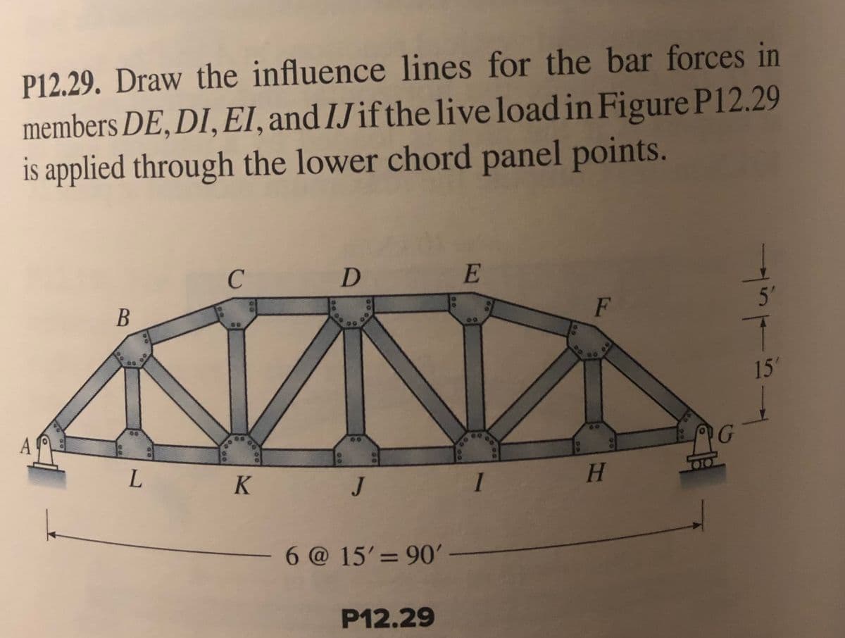 P12.29. Draw the influence lines for the bar forces in
members DE, DI, EI, and IJif the live load in Figure P12.29
is applied through the lower chord panel points.
с
D
E
F
B
00
00
00
L K J1
H
6 @ 15' 90' -
P12.29
68
aduk
5'
15'