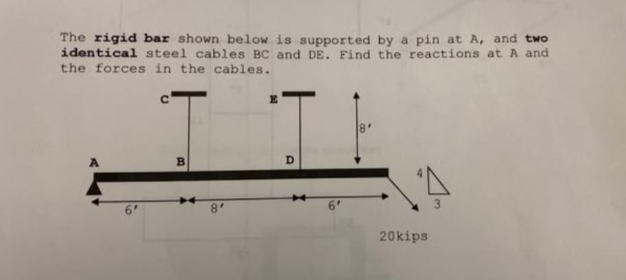 The rigid bar shown below is supported by a pin at A, and two
identical steel cables BC and DE. Find the reactions at A and
the forces in the cables.
E
81
D.
6
6'
3
20kips
