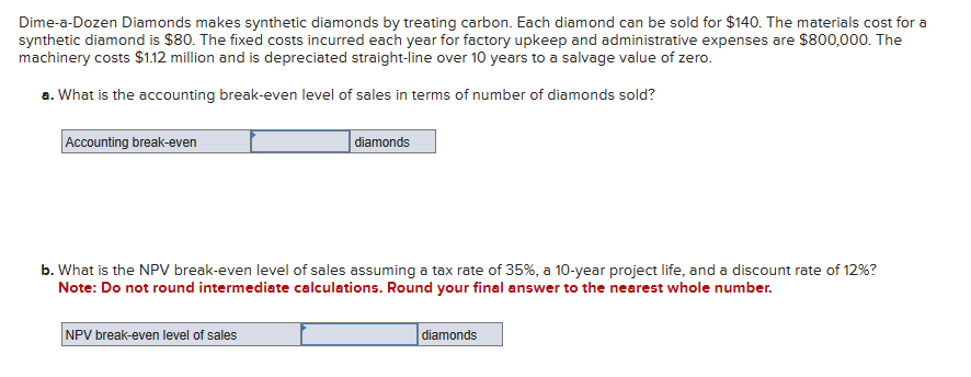 Dime-a-Dozen Diamonds makes synthetic diamonds by treating carbon. Each diamond can be sold for $140. The materials cost for a
synthetic diamond is $80. The fixed costs incurred each year for factory upkeep and administrative expenses are $800,000. The
machinery costs $1.12 million and is depreciated straight-line over 10 years to a salvage value of zero.
a. What is the accounting break-even level of sales in terms of number of diamonds sold?
Accounting break-even
diamonds
b. What is the NPV break-even level of sales assuming a tax rate of 35%, a 10-year project life, and a discount rate of 12%?
Note: Do not round intermediate calculations. Round your final answer to the nearest whole number.
NPV break-even level of sales
diamonds