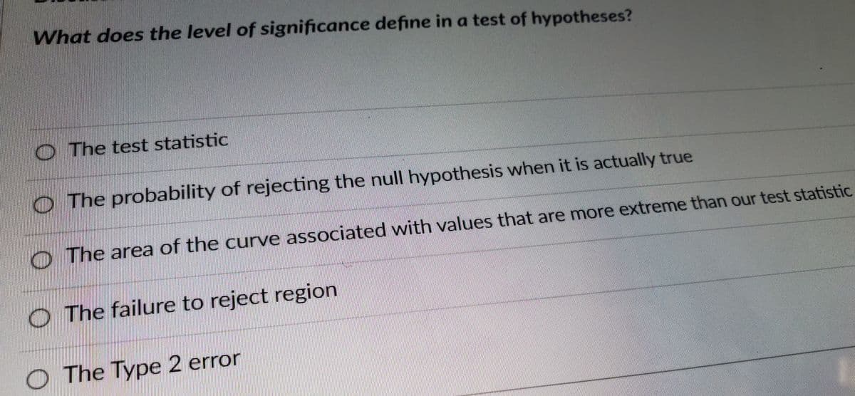 What does the level of significance define in a test of hypotheses?
The test statistic
The probability of rejecting the null hypothesis when it is actually true
The area of the curve associated with values that are more extreme than our test statistic
The failure to reject region
O The Type 2 error