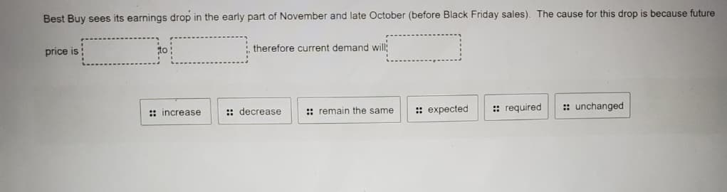 Best Buy sees its earnings drop in the early part of November and late October (before Black Friday sales). The cause for this drop is because future
price is;
to
:: increase
therefore current demand will
:: decrease
:: remain the same :: expected :: required
:: unchanged