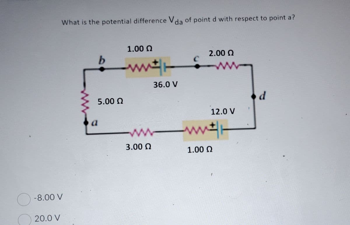 O
What is the potential difference Vda of point d with respect to point a?
-8.00 V
20.0 V
b
1.00 Ω
-ww
5.00 Ω
3.00 Ω
36.0 V
ww
2.00 Ω
12.0 V
1.00 Ω
d