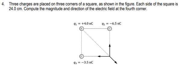 4. Three charges are placed on three corners of a square, as shown in the figure. Each side of the square is
24.0 cm. Compute the magnitude and direction of the electric field at the fourth corner.
91 = +4.0 nC
42 = -6.5 nC
93 = -3.5 nC
