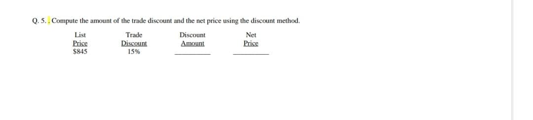 Q. 5. . Compute the amount of the trade discount and the net price using the discount method.
List
Discount
Price
Trade
Discount
15%
Amount
$845
Net
Price