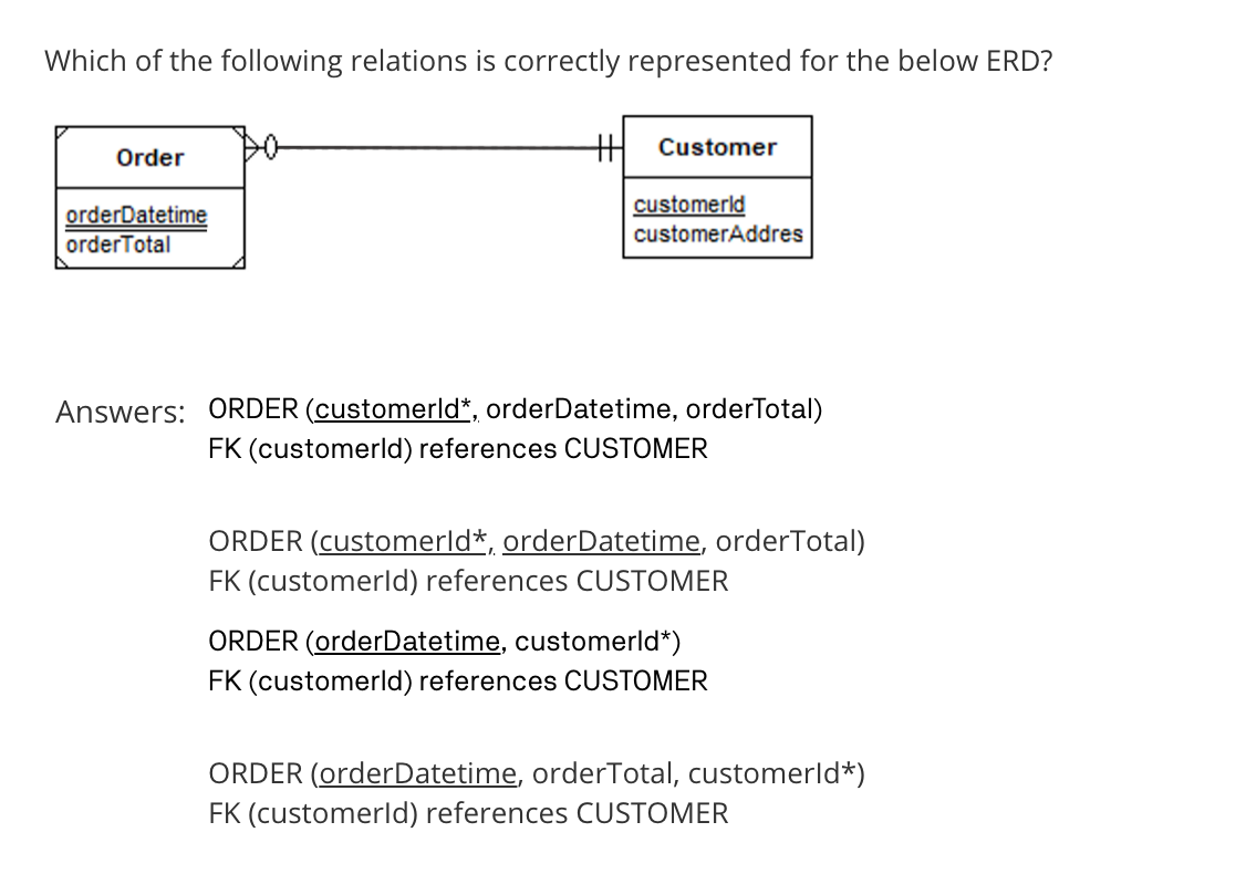 Which of the following relations is correctly represented for the below ERD?
Order
orderDatetime
orderTotal
TH
Customer
customerld
customerAddres
Answers: ORDER (customerld*, orderDatetime, orderTotal)
FK (customerld) references CUSTOMER
ORDER (customerld*, orderDatetime, orderTotal)
FK (customerld) references CUSTOMER
ORDER (orderDatetime, customerld*)
FK (customerld) references CUSTOMER
ORDER (orderDatetime, orderTotal, customerld*)
FK (customerld) references CUSTOMER