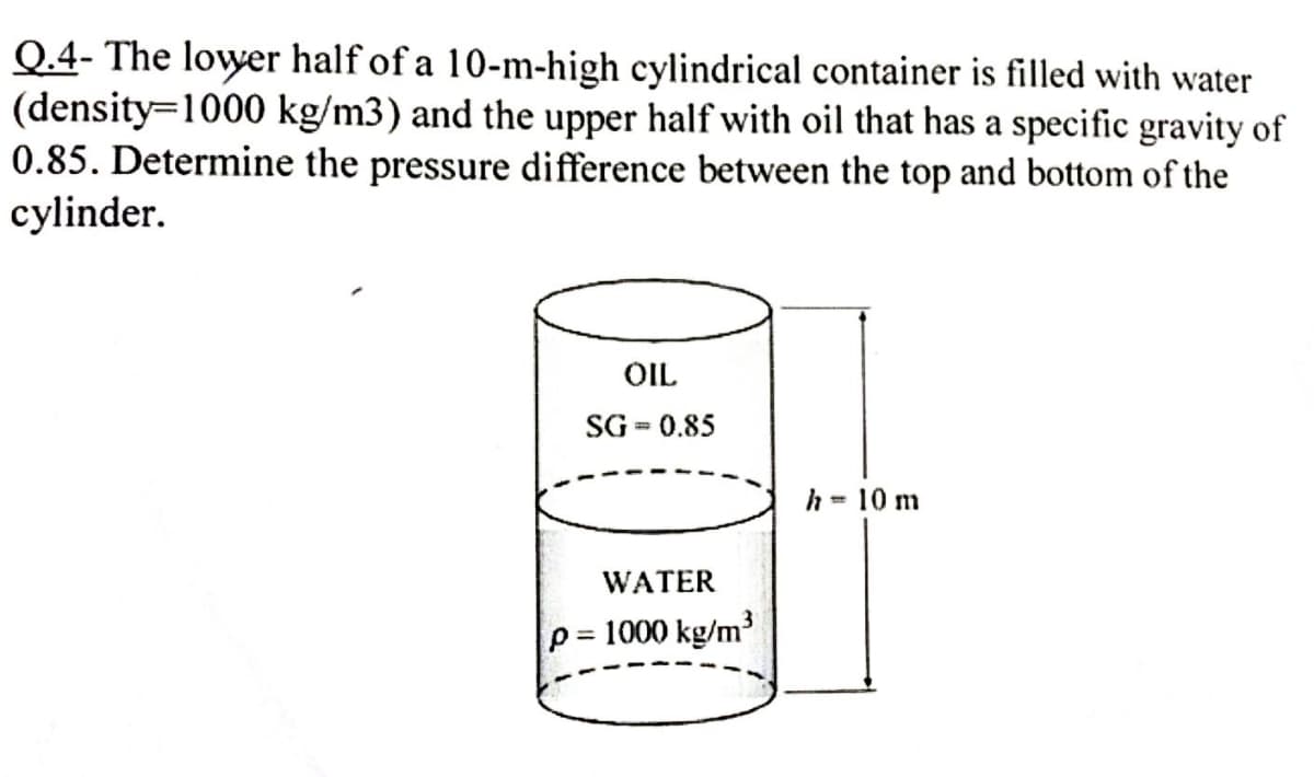 Q.4- The lower half of a 10-m-high cylindrical container is filled with water
(density=1000 kg/m3) and the upper half with oil that has a specific gravity of
0.85. Determine the pressure difference between the top and bottom of the
cylinder.
OIL
SG=0.85
WATER
p= 1000 kg/m³
h = 10 m