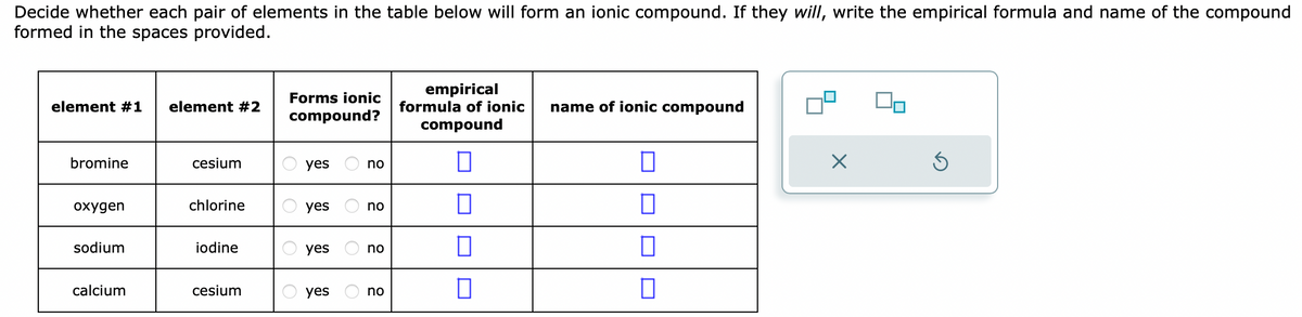 Decide whether each pair of elements in the table below will form an ionic compound. If they will, write the empirical formula and name of the compound
formed in the spaces provided.
element #1 element #2
bromine
oxygen
sodium
calcium
cesium
chlorine
iodine
cesium
Forms ionic
compound?
yes
yes
yes
yes
no
no
no
no
empirical
formula of ionic name of ionic compound
compound
0
☐
0
0
0
☐
0
X
Ś