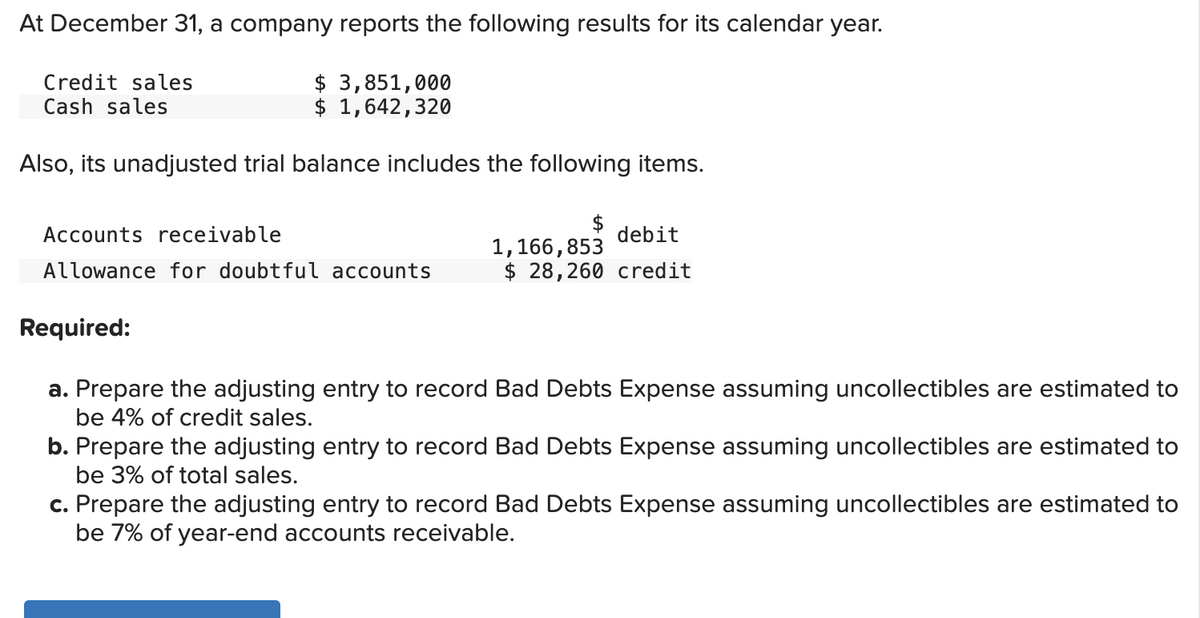 At December 31, a company reports the following results for its calendar year.
Credit sales
Cash sales
$ 3,851,000
$ 1,642,320
Also, its unadjusted trial balance includes the following items.
Accounts receivable
Allowance for doubtful accounts
Required:
$
1,166,853
debit
$ 28,260 credit
a. Prepare the adjusting entry to record Bad Debts Expense assuming uncollectibles are estimated to
be 4% of credit sales.
b. Prepare the adjusting entry to record Bad Debts Expense assuming uncollectibles are estimated to
be 3% of total sales.
c. Prepare the adjusting entry to record Bad Debts Expense assuming uncollectibles are estimated to
be 7% of year-end accounts receivable.