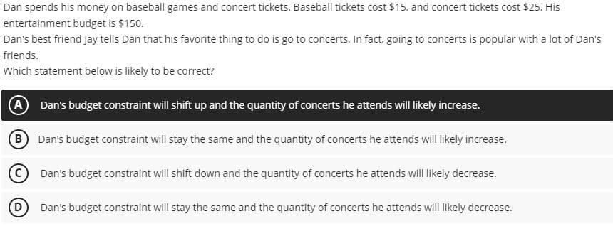 Dan spends his money on baseball games and concert tickets. Baseball tickets cost $15, and concert tickets cost $25. His
entertainment budget is $150.
Dan's best friend Jay tells Dan that his favorite thing to do is go to concerts. In fact, going to concerts is popular with a lot of Dan's
friends.
Which statement below is likely to be correct?
(A) Dan's budget constraint will shift up and the quantity of concerts he attends will likely increase.
B Dan's budget constraint will stay the same and the quantity of concerts he attends will likely increase.
D
Dan's budget constraint will shift down and the quantity of concerts he attends will likely decrease.
Dan's budget constraint will stay the same and the quantity of concerts he attends will likely decrease.