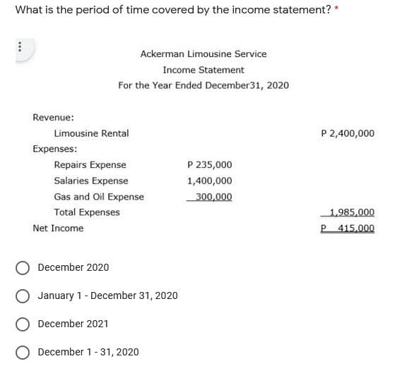 What is the period of time covered by the income statement? *
Ackerman Limousine Service
Income Statement
For the Year Ended December31, 2020
Revenue:
Limousine Rental
P 2,400,000
Expenses:
Repairs Expense
P 235,000
Salaries Expense
1,400,000
Gas and Oil Expense
300,000
Total Expenses
1,985,000
Net Income
P 415.000
December 2020
O January 1- December 31, 2020
December 2021
December 1-31, 2020
