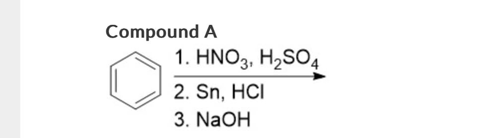 Compound A
1. HNO3, H2SO4
2. Sn. HCI
3. NaOH