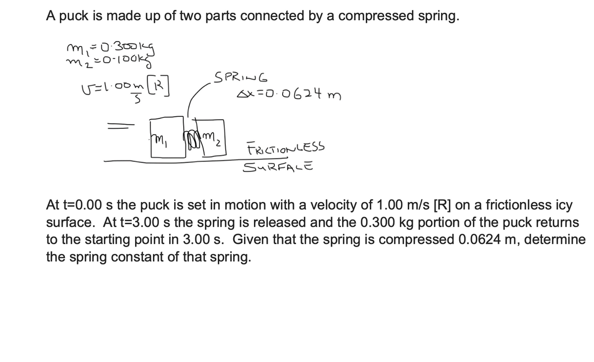 A puck is made up of two parts connected by a compressed spring.
mi-0 300kg
SPRING
父=D-0624m
m,
FRCTIONLESS
SURFALE
2,
At t=0.00 s the puck is set in motion with a velocity of 1.00 m/s [R] on a frictionless icy
surface. At t=3.00 s the spring is released and the 0.300 kg portion of the puck returns
to the starting point in 3.00 s. Given that the spring is compressed 0.0624 m, determine
the spring constant of that spring.
