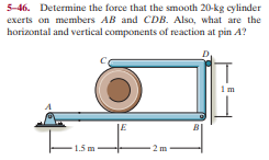 5-46. Determine the force that the smooth 20-kg cylinder
exerts on members AB and CDB. Also, what are the
horizontal and vertical components of reaction at pin A?
JE
B
1.5 m
2m
