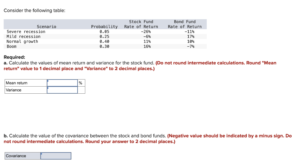 Consider the following table:
Severe recession
Mild recession
Normal growth
Boom
Scenario
Mean return
Variance
Covariance
Probability
0.05
0.25
%
0.40
0.30
Stock Fund
Rate of Return
Required:
a. Calculate the values of mean return and variance for the stock fund. (Do not round intermediate calculations. Round "Mean
return" value to 1 decimal place and "Variance" to 2 decimal places.)
-26%
-6%
11%
16%
Bond Fund
Rate of Return
-11%
17%
10%
-7%
b. Calculate the value of the covariance between the stock and bond funds. (Negative value should be indicated by a minus sign. Do
not round intermediate calculations. Round your answer to 2 decimal places.)