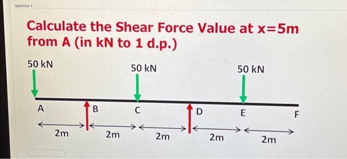 Question 1
Calculate the Shear Force Value at x =5m
from A (in kN to 1 d.p.)
50 kN
50 kN
A
2m
B
2m
C
2m
D
2m
50 kN
E
><
2m
F