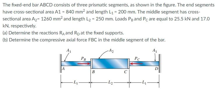 The fixed-end bar ABCD consists of three prismatic segments, as shown in the figure. The end segments
have cross-sectional area A1 = 840 mm2 and length L1 = 200 mm. The middle segment has cross-
sectional area A2= 1260 mm? and length L2 = 250 mm. Loads Pg and Pc are equal to 25.5 kN and 17.0
kN, respectively.
(a) Determine the reactions RA and Rp at the fixed supports.
(b) Determine the compressive axial force FBC in the middle segment of the bar.
A1
- A2
A1
PB
Pc
A
D
B
L
-L1
