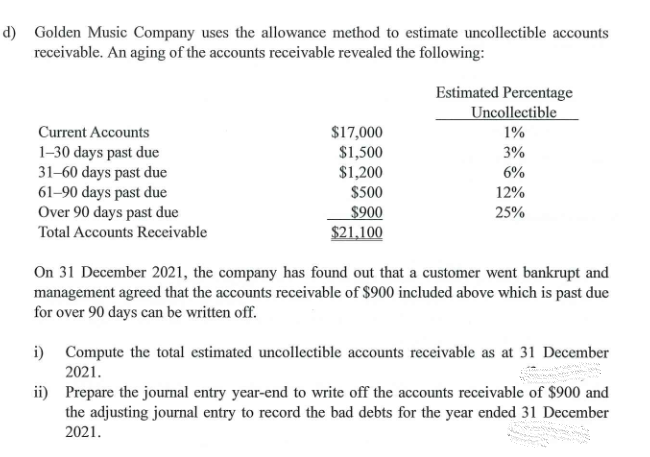 d) Golden Music Company uses the allowance method to estimate uncollectible accounts
receivable. An aging of the accounts receivable revealed the following:
Estimated Percentage
Uncollectible
Current Accounts
$17,000
$1,500
$1,200
$500
$900
$21,100
1%
1-30 days past due
31–60 days past due
61–90 days past due
Over 90 days past due
Total Accounts Receivable
3%
6%
12%
25%
On 31 December 2021, the company has found out that a customer went bankrupt and
management agreed that the accounts receivable of $900 included above which is past due
for over 90 days can be written off.
i) Compute the total estimated uncollectible accounts receivable as at 31 December
2021.
ii) Prepare the journal entry year-end to write off the accounts receivable of $900 and
the adjusting journal entry to record the bad debts for the year ended 31 December
2021.
