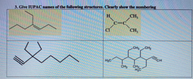 3. Give IUPAC names of the following structures. Clearly show the numbering
CH,
c=C
CH,
H
CH CH
HyC
CH
