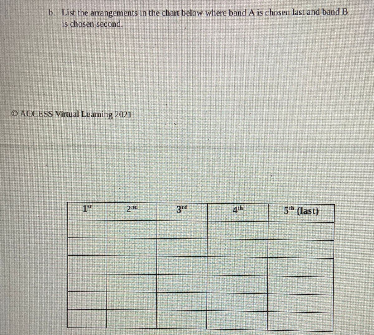 b. List the arrangements in the chart below where band A is chosen last and band B
is chosen second.
ⒸACCESS Virtual Learning 2021
2nd
151
3rd
€
5th (last)