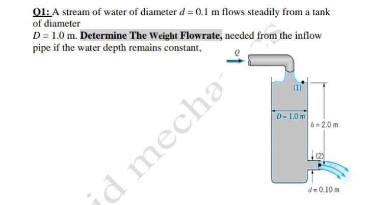 01: A stream of water of diameter d = 0.1 m flows steadily from a tank
of diameter
D = 1.0 m. Determine The Weight Flowrate, needed from the inflow
pipe if the water depth remains constant,
D= 1.0 m
h = 2.0 m
¿d mecha
d = 0.10 m
