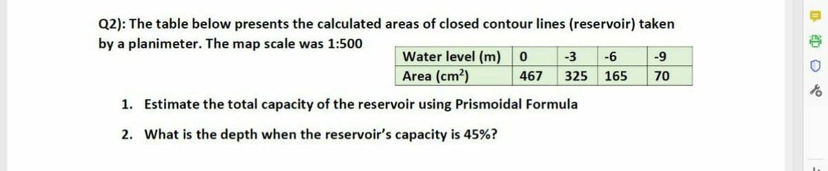 Q2): The table below presents the calculated areas of closed contour lines (reservoir) taken
by a planimeter. The map scale was 1:500
Water level (m)
Area (cm?)
-3
-6
-9
467
325
165
70
1. Estimate the total capacity of the reservoir using Prismoidal Formula
2. What is the depth when the reservoir's capacity is 45%?
