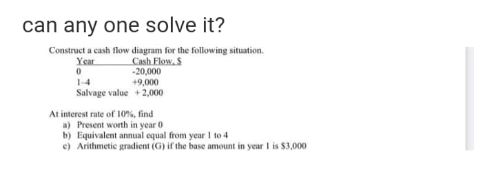 can any one solve it?
Construct a cash flow diagram for the following situation.
Cash Flow, S
-20,000
+9,000
Year
1-4
Salvage value +2,000
At interest rate of 10%, find
a) Present worth in year 0
b) Equivalent annual equal from year to 4
c) Arithmetic gradient (G) if the base amount in year 1 is $3,000
