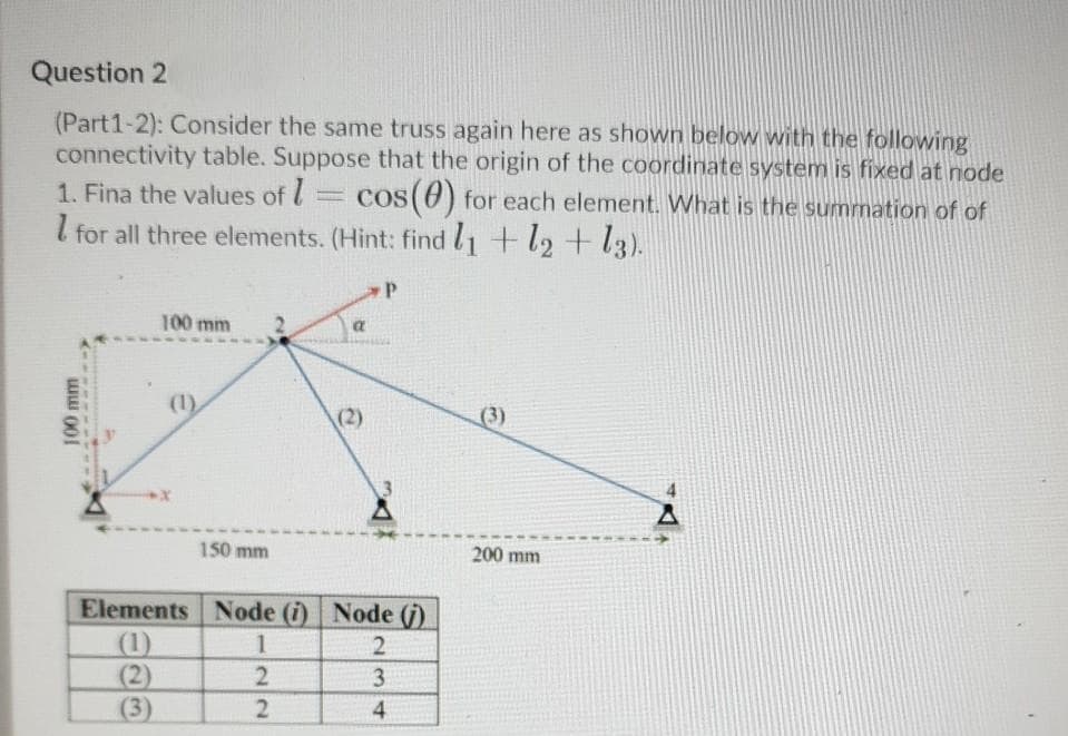 Question 2
(Part1-2): Consider the same truss again here as shown below with the following
connectivity table. Suppose that the origin of the coordinate system is fixed at node
1. Fina the values of cos(0) for each element. What is the summation of of
I for all three elements. (Hint: find 1+l2 + l3).
100 mm
(1)
(2)
(3)
150 mm
200 mm
Elements Node (i) Node ()
(1)
(2)
(3)
3.
4
100mm
22
