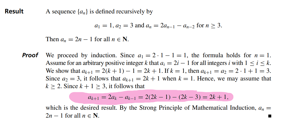 Result
Proof
A sequence {an} is defined recursively by
a₁ = 1, a₂ = 3 and an = 2an-1
Then an = 2n - 1 for all ne N.
-an-2 for n ≥ 3.
We proceed by induction. Since a₁ = 2∙1 − 1 = 1, the formula holds for n = 1.
Assume for an arbitrary positive integer k that a; = 2i - 1 for all integers i with 1 ≤ i ≤k.
We show that ak+1 = 2(k+ 1) − 1 = 2k + 1. If k = 1, then ak+1 = a₂ = 2·1+1 = 3.
Since a2 = 3, it follows that ak+1 = 2k + 1 when k = 1. Hence, we may assume that
k≥ 2. Since k + 1 ≥ 3, it follows that
ak+1 = 2ak-ak-1 = 2(2k − 1) – (2k − 3) = 2k + 1,
=
which is the desired result. By the Strong Principle of Mathematical Induction, an
2n 1 for all n € N.