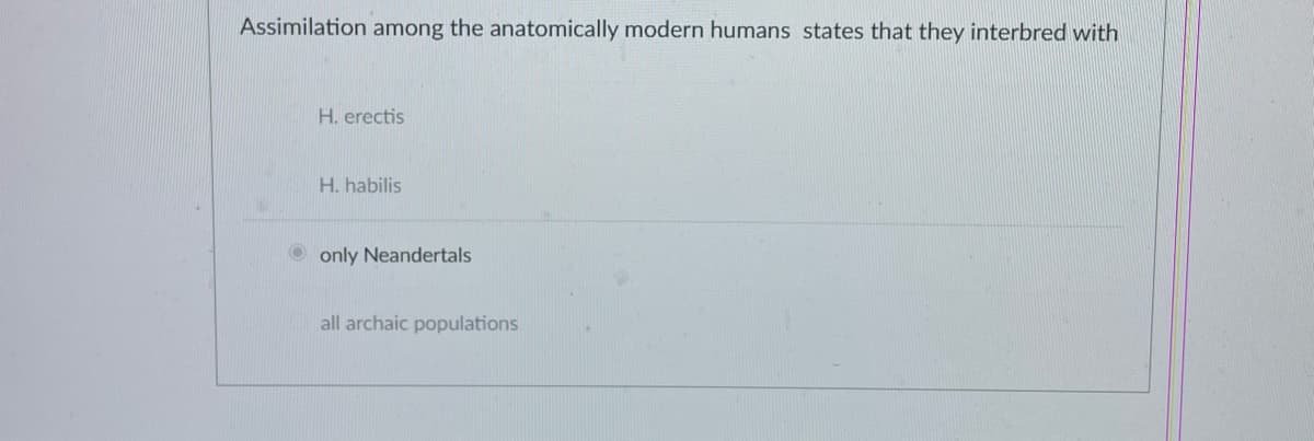 Assimilation among the anatomically modern humans states that they interbred with
H. erectis
H. habilis
only Neandertals
all archaic populations