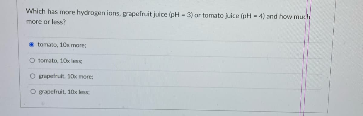 Which has more hydrogen ions, grapefruit juice (pH = 3) or tomato juice (pH
more or less?
tomato, 10x more;
O tomato, 10x less;
O grapefruit, 10x more;
O grapefruit, 10x less;
=
4) and how much