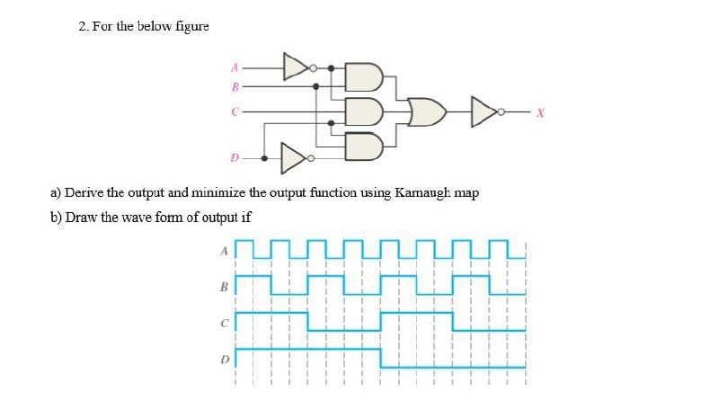 2. For the below figure
-
a) Derive the output and minimize the output function using Karnaugh map
b) Draw the wave form of output if
B
