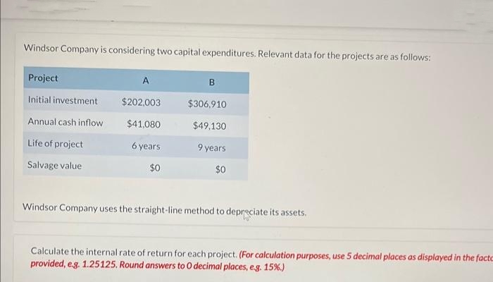 Windsor Company is considering two capital expenditures. Relevant data for the projects are as follows:
Project
Initial investment
Annual cash inflow
Life of project
Salvage value
A
$202,003
$41,080
6 years
$0
B
$306,910
$49,130
9 years
$0
Windsor Company uses the straight-line method to depreciate its assets.
Calculate the internal rate of return for each project. (For calculation purposes, use 5 decimal places as displayed in the facto
provided, e.g. 1.25125. Round answers to O decimal places, e.g. 15%.)