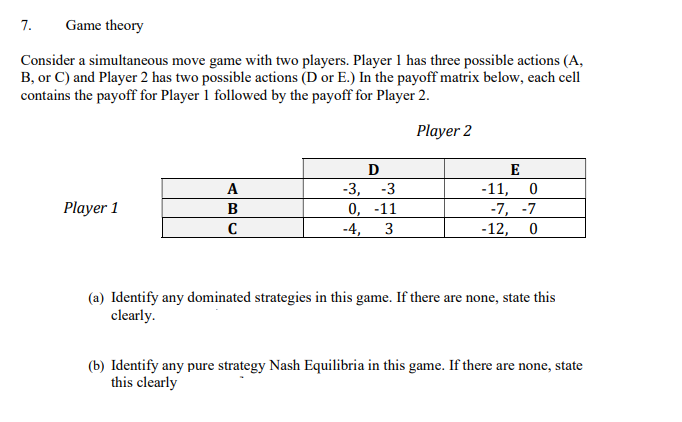 Game theory
Consider a simultaneous move game with two players. Player 1 has three possible actions (A,
B, or C) and Player 2 has two possible actions (D or E.) In the payoff matrix below, each cell
contains the payoff for Player 1 followed by the payoff for Player 2.
Player 2
7.
Player 1
A
B
C
D
-3,
-3
0, -11
-4, 3
-11,
E
0
-7, -7
-12, 0
(a) Identify any dominated strategies in this game. If there are none, state this
clearly.
(b) Identify any pure strategy Nash Equilibria in this game. If there are none, state
this clearly