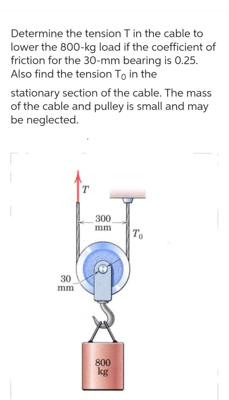 Determine the tension T in the cable to
lower the 800-kg load if the coefficient of
friction for the 30-mm bearing is 0.25.
Also find the tension To in the
stationary section of the cable. The mass
of the cable and pulley is small and may
be neglected.
30
mm
T
300
mm
800
kg
To