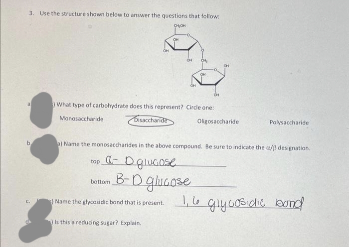 3. Use the structure shown below to answer the questions that follow:
CH₂OH
a
b,
C.
bottom
OH
OH CH₂
) What type of carbohydrate does this represent? Circle one:
Monosaccharide
Disaccharide
<) Name the glycosidic bond that is present.
B-D glucose
) Is this a reducing sugar? Explain.
OH
OH
a) Name the monosaccharides in the above compound. Be sure to indicate the a/ß designation.
top - D glucose
Oligosaccharide
Polysaccharide
1,6 glycosidic bond