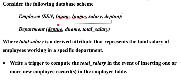 Consider the following database scheme
Employee (SSN, fname, Iname, salary, deptno)/
Department (deptno, dname, total_salary)
Where total salary is a derived attribute that represents the total salary of
employees working in a specific department.
Write a trigger to compute the total_salary in the event of inserting one or
more new employee record(s) in the employee table.