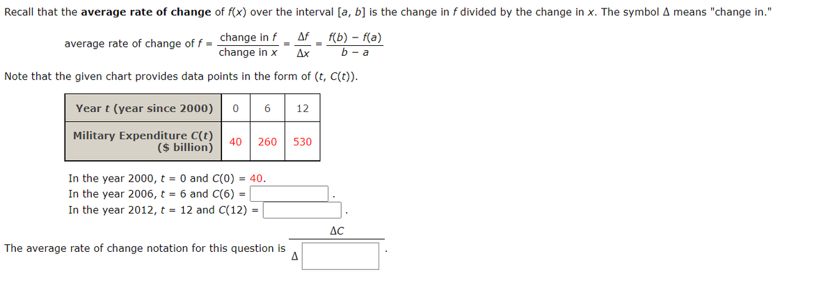 Recall that the average rate of change of f(x) over the interval [a, b] is the change in f divided by the change in x. The symbol A means "change in."
average rate of change of f =
change in f
change in x
Δf
Ax
f(b) - f(a)
b - a
Note that the given chart provides data points in the form of (t, C(t)).
Year t (year since 2000)
Military Expenditure C(t)
($ billion)
0
06 12
40 260
=
In the year 2000, t = 0 and C(0) = 40.
In the year 2006, t = 6 and C(6) =
In the year 2012, t = 12 and C(12) =
The average rate of change notation for this question is
530
AC