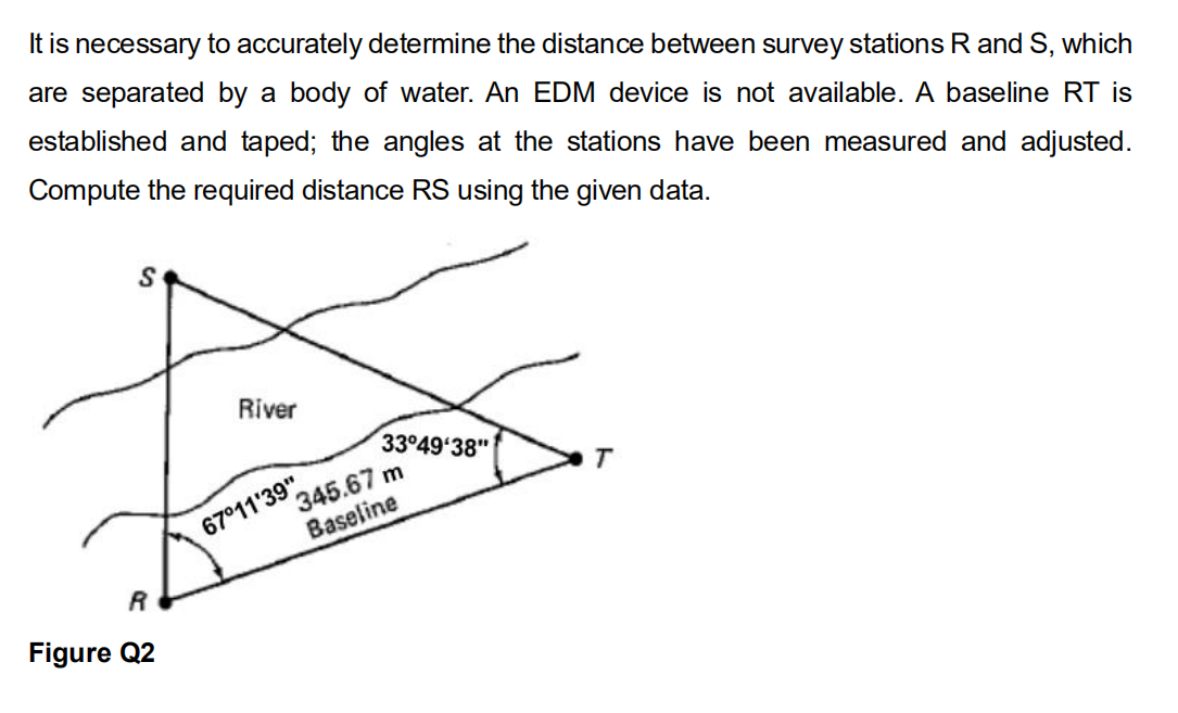 It is necessary to accurately determine the distance between survey stations R and S, which
are separated by a body of water. An EDM device is not available. A baseline RT is
established and taped; the angles at the stations have been measured and adjusted.
Compute the required distance RS using the given data.
S
R
Figure Q2
River
33°49'38"
345.67 m
Baseline
67°11'39"
T