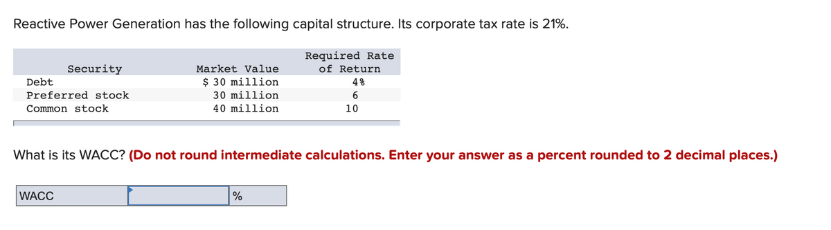 Reactive Power Generation has the following capital structure. Its corporate tax rate is 21%.
Required Rate
of Return
Security
Market Value
Debt
$ 30 million
4%
Preferred stock
30 million
Common stock
40 million
10
What is its WACC? (Do not round intermediate calculations. Enter your answer as a percent rounded to 2 decimal places.)
WACC
%

