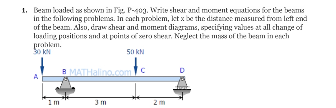 1. Beam loaded as shown in Fig. P-403. Write shear and moment equations for the beams
in the following problems. In each problem, let x be the distance measured from left end
of the beam. Also, draw shear and moment diagrams, specifying values at all change of
loading positions and at points of zero shear. Neglect the mass of the beam in each
problem.
30 kN
50 KN
A
1m
B MATHalino.com C
3 m
2 m
19200