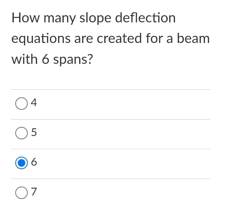 How many slope deflection
equations are created for a beam
with 6 spans?
04
O 5
07
