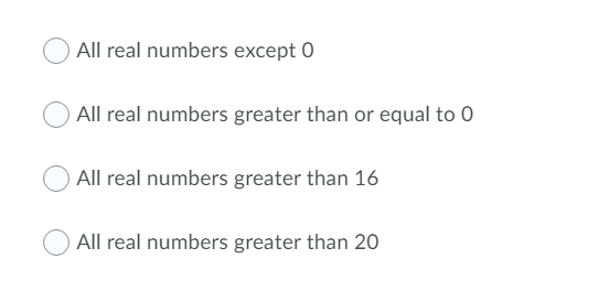 All real numbers except 0
All real numbers greater than or equal to 0
All real numbers greater than 16
All real numbers greater than 20
