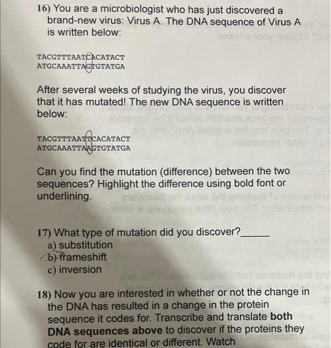 16) You are a microbiologist who has just discovered a
brand-new virus: Virus A. The DNA sequence of Virus Airto
is written below:
TACGTTTAATCACATACT
ATGCAAATTAGTGTATGA
After several weeks of studying the virus, you discover
that it has mutated! The new DNA sequence is written
below:
TACGTTTAATTCACATACT
ATGCAAATTAAGTGTATGA
voo
DOY 001
DO
Can you find the mutation (difference) between the two propad
sequences? Highlight the difference using bold font or
underlining.
elevcoa
ar priybi
17) What type of mutation did you discover?
a) substitution
b) frameshift
c) inversion
ent loals bet
TO
owl art neewed (eone elib) aoilstum srl bri
Re
18) Now you are interested in whether or not the change in
the DNA has resulted in a change in the protein
sequence it codes for. Transcribe and translate both
DNA sequences above to discover if the proteins they
nollatum to sq
code for are identical or different. Watch