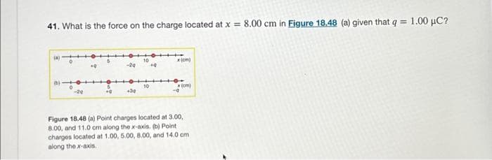 41. What is the force on the charge located at x = 8.00 cm in Figure 18.48 (a) given that q = 1.00 μC?
-20
+30
10
10
+0
x(cm)
-9
(cm)
Figure 18.48 (a) Point charges located at 3.00,
8.00, and 11.0 cm along the x-axis. (b) Point
charges located at 1.00, 5.00, 8.00, and 14.0 cm.
along the x-axis.