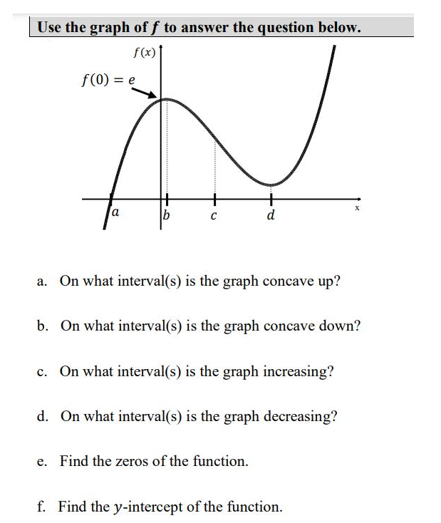 Use the graph off to answer the question below.
f(x)
f(0) = e
a
b
C
+
d
a. On what interval(s) is the graph concave up?
b. On what interval(s) is the graph concave down?
c. On what interval(s) is the graph increasing?
d. On what interval(s) is the graph decreasing?
e. Find the zeros of the function.
X
f. Find the y-intercept of the function.