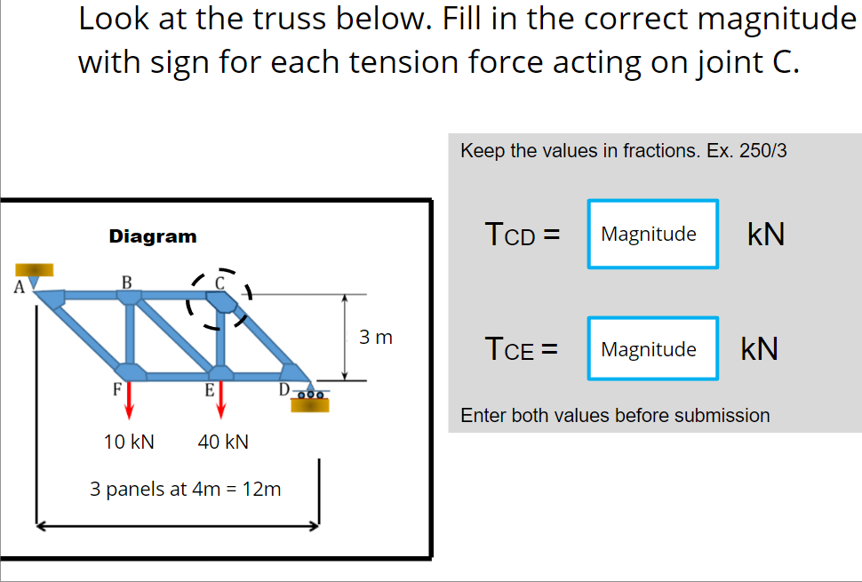 A
Look at the truss below. Fill in the correct magnitude
with sign for each tension force acting on joint C.
Keep the values in fractions. Ex. 250/3
Diagram
TCD=
Magnitude KN
B
TCE = Magnitude KN
Enter both values before submission
F
E
10 KN
40 KN
3 panels at 4m = 12m
000
3 m