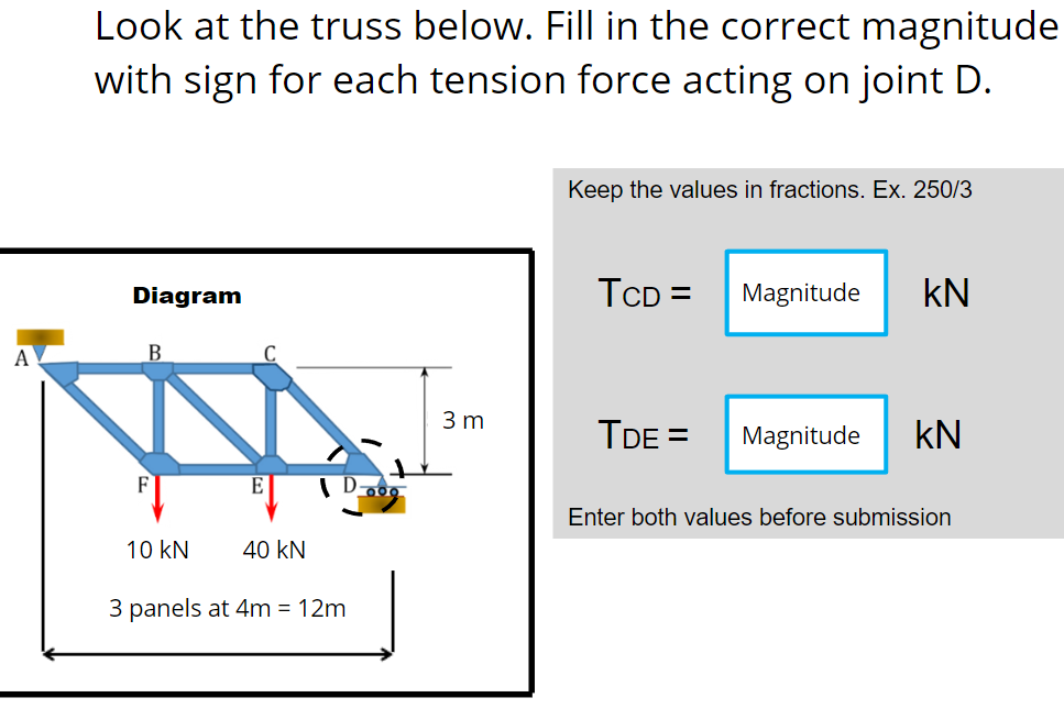 A
Look at the truss below. Fill in the correct magnitude
with sign for each tension force acting on joint D.
Keep the values in fractions. Ex. 250/3
Diagram
TCD= Magnitude KN
B
TDE= Magnitude KN
E
Enter both values before submission
10 KN
40 KN
3 panels at 4m = 12m
3 m