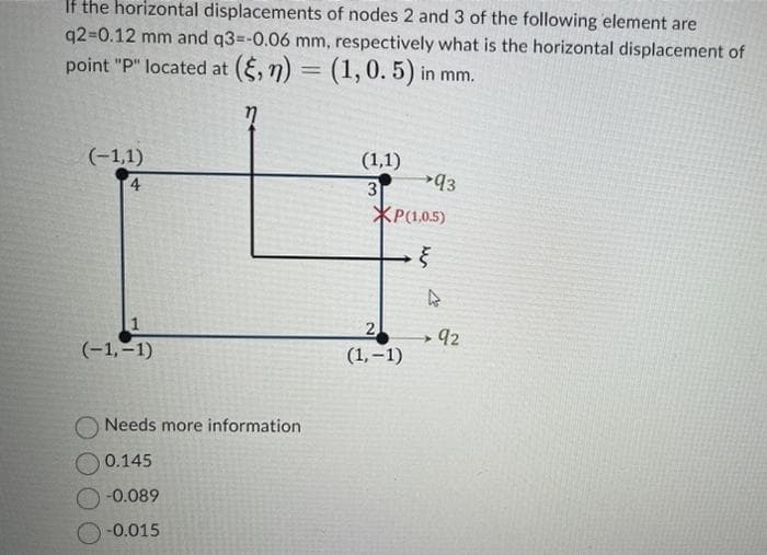 If the horizontal displacements of nodes 2 and 3 of the following element are
q2=0.12 mm and q3=-0.06 mm, respectively what is the horizontal displacement of
point "P" located at (§, n) = (1, 0.5) in mm.
(-1,1)
4
1
(-1,-1)
Needs more information.
0.145
-0.089
-0.015
(1,1)
3
93
XP(1,0.5)
६
2
(1,-1)
4
→→ 92