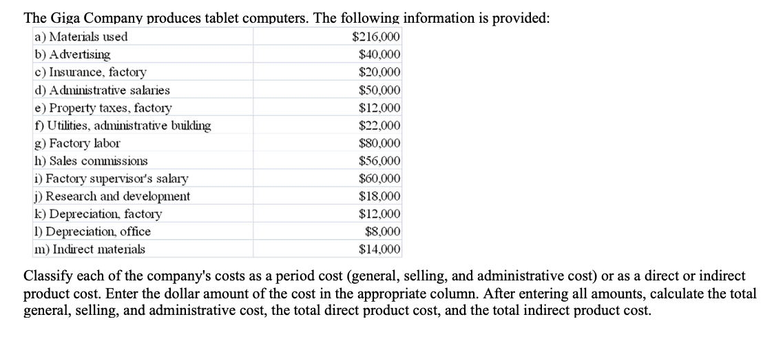 The Giga Company produces tablet computers. The following information is provided:
a) Materials used
$216,000
$40,000
$20,000
$50,000
$12,000
$22,000
$80,000
$56,000
$60,000
$18,000
$12,000
$8,000
$14,000
b) Advertising
c) Insurance, factory
d) Administrative salaries
e) Property taxes, factory
f) Utilities, administrative building
g) Factory labor
h) Sales commissions
i) Factory supervisor's salary
j) Research and development
k) Depreciation, factory
1) Depreciation, office
m) Indirect materials
Classify each of the company's costs as a period cost (general, selling, and administrative cost) or as a direct or indirect
product cost. Enter the dollar amount of the cost in the appropriate column. After entering all amounts, calculate the total
general, selling, and administrative cost, the total direct product cost, and the total indirect product cost.